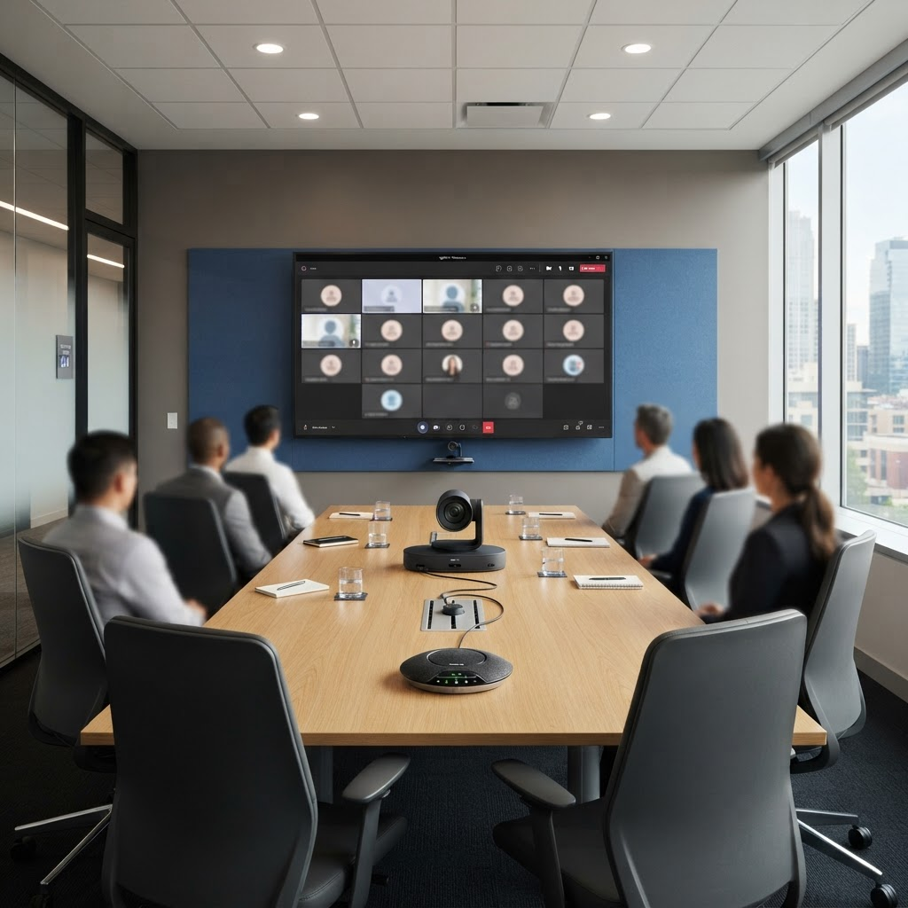 Phòng họp trực tuyến với camera hội nghị, màn hình hiển thị và micro trên bàn họp