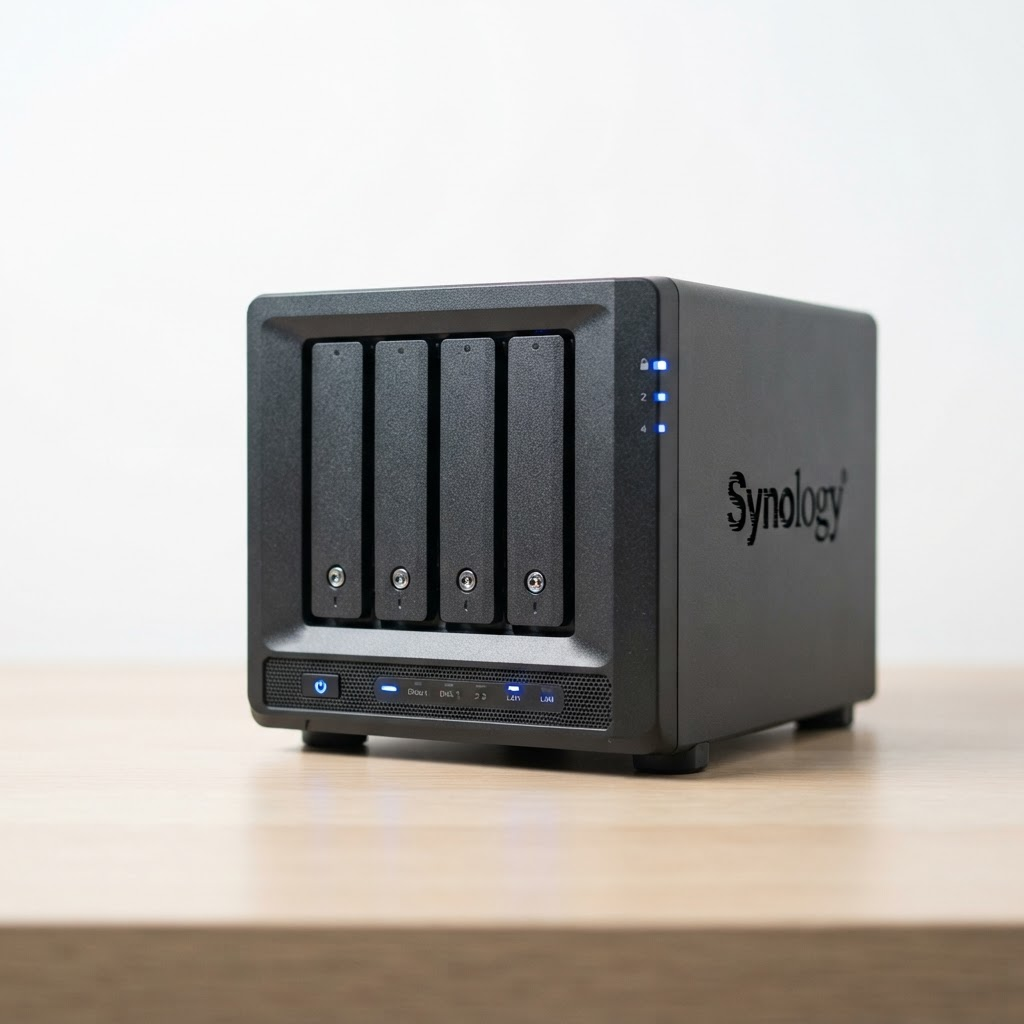 Thiết bị Synology NAS và máy chủ được lắp đặt trong tủ rack tại phòng máy của doanh nghiệp